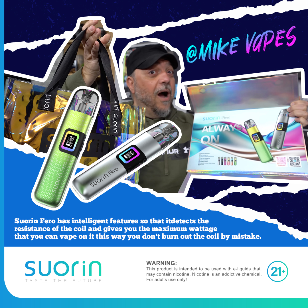 Let's see what Mike Vapes has to say about our new Suorin Fero.😉

👉Suorin Fero has intelligent features so that it detects the resistance of the coil and gives you the maximum wattage that you can vape on it this way you don't burn out the coil by mistake.🥰