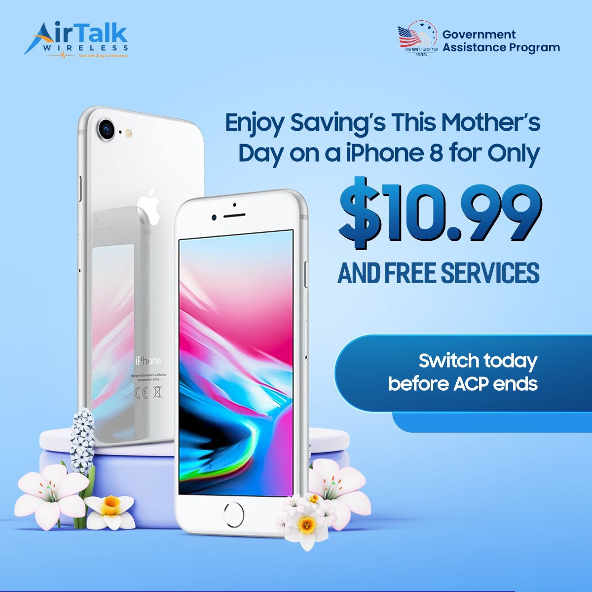 🌷 Celebrate Mother's Day by embracing free services with AirTalk Wireless!  
 
Don't miss this opportunity as ACP comes to an end – switch over and enjoy seamless connectivity. 
  
Stay connected effortlessly! 📱💝 
 
#MothersDay #SwitchToAirTalk