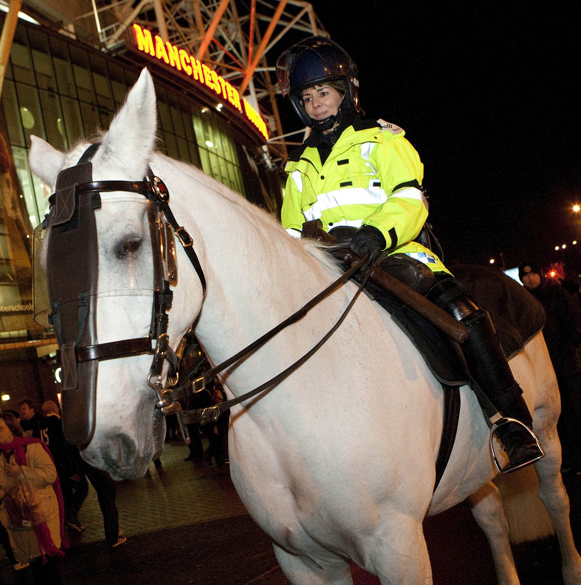 #GMP50 | An officer from GMP’s Tactical Mounted Branch stand outside Old Trafford prior to the Carling Cup semi-final between Manchester United and Manchester City in 2010. #TBT #ThrowbackThursday