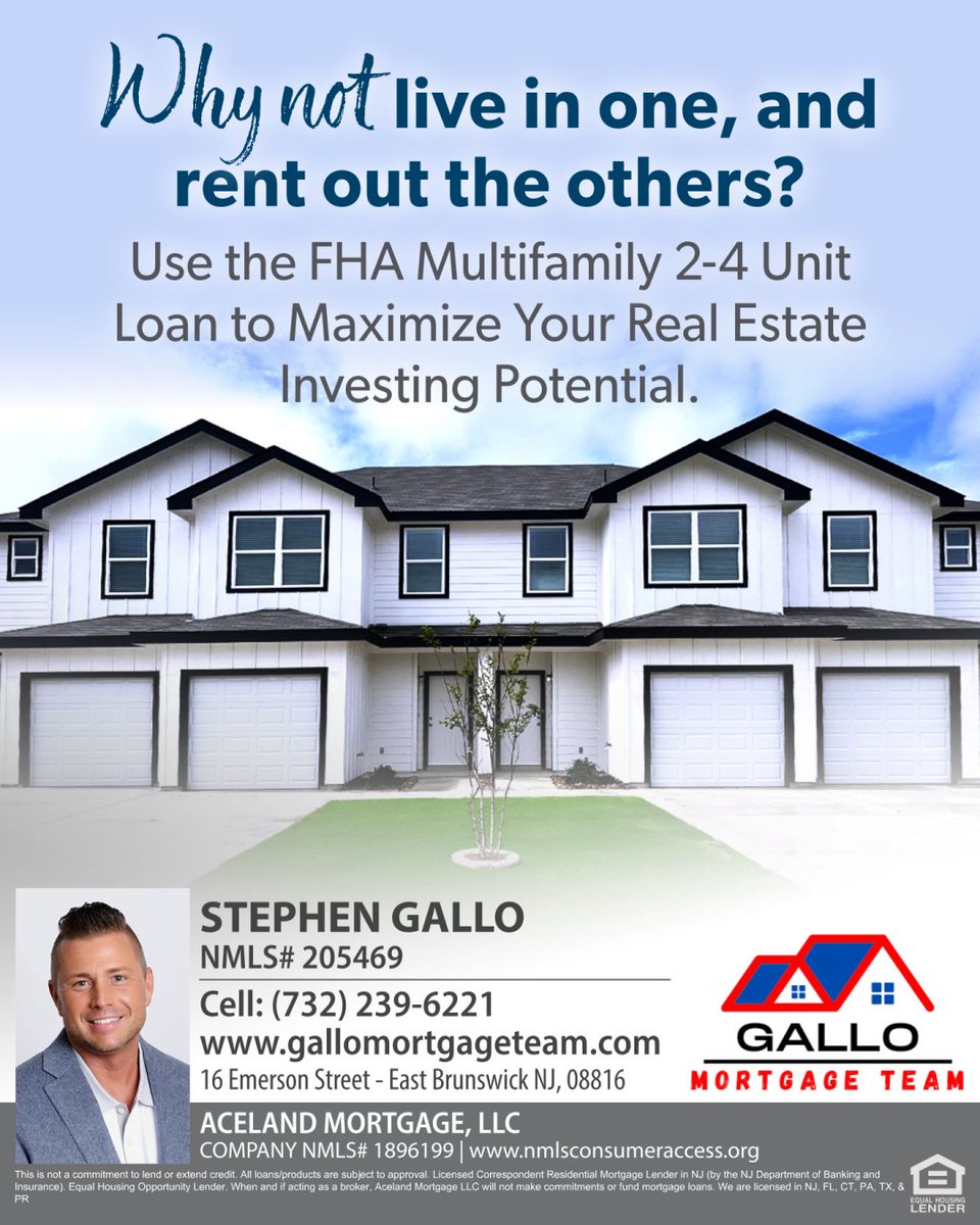 Why not live in one and rent out the others? The FHA 2-4 unit, owner-occupied loan program is a great way for first-time and low-to-moderate-income homebuyers to buy a multifamily property.

⬇️My Contact Info and Much More are in My Link Below⬇️
gallomortgageteam.com