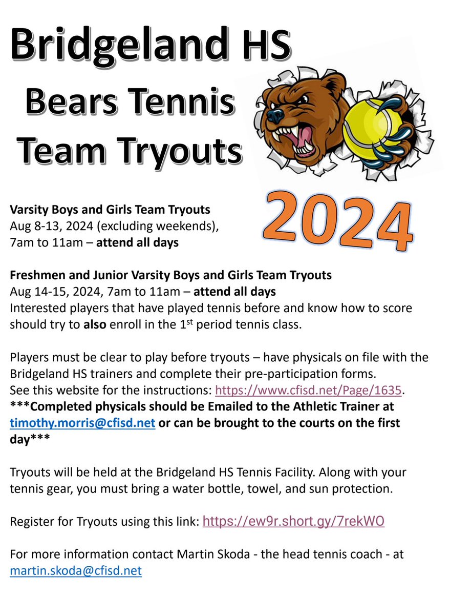 Bridgeland 2024 Tennis Tryouts Aug 8-15!! See flyer for more info!
