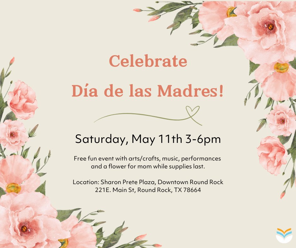 💐 This Saturday, May 11th is the Día de las Madres celebration in downtown Round Rock, stop by for some fun! This is a free event!

💐 ¡Recuerda que este sábado es la celebración de día de las madres en el centro de Round Rock! ¡Este evento es gratuito! 

#MyRRPL