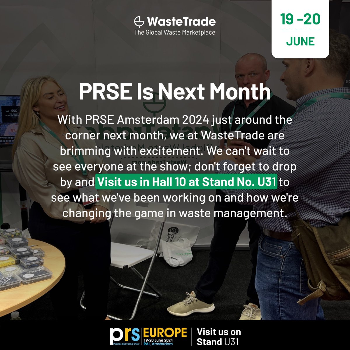 PRSE 2024 is next month on June 19-20th in Amsterdam.

WasteTrade will be exhibiting in Hall 10, at Stand No. U31.

Book a 1-2-1 meeting: calendly.com/support-wastet…

#prse #prse2024 #plastic #plasticrecycling #recycling #waste #plasticwaste #wastemanagement