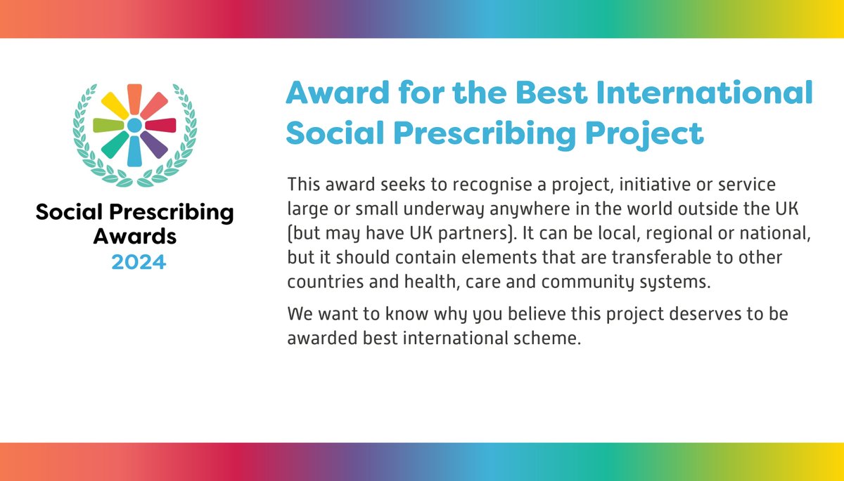 ⏱️Time is ticking but there's still time to enter the Award for the Best International Social Prescribing Project! Find out more & enter here: ow.ly/O6fC50RcUik Closes 10 May at noon. @CollegeofMed @NASPTweets @SocialPrescrib2