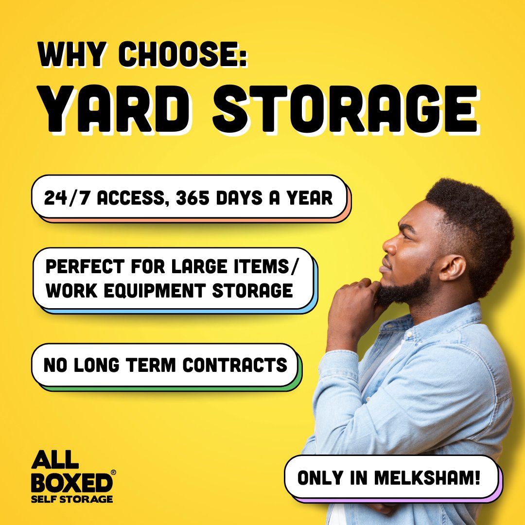 allboxed's tweet image. Why choose yard storage? 🤔

✔️ 24/7 access, 365 days a year
✔️ Perfect for larger items/ work equipment storage 
✔️ No long term contracts, pay for what you use!

What's not to love? 😍

‼️ Only at our Melksham site ‼️

#calnestorage #melkshamstorage #chippenhamstorage