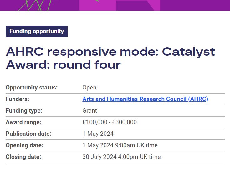 AHRC responsive mode: Catalyst Award: R4 Awards for researchers without prior experience of leading a significant research project, to accelerate their trajectory as independent researchers, to unlock potential, build leadership and convenor experience. orlo.uk/TvM87