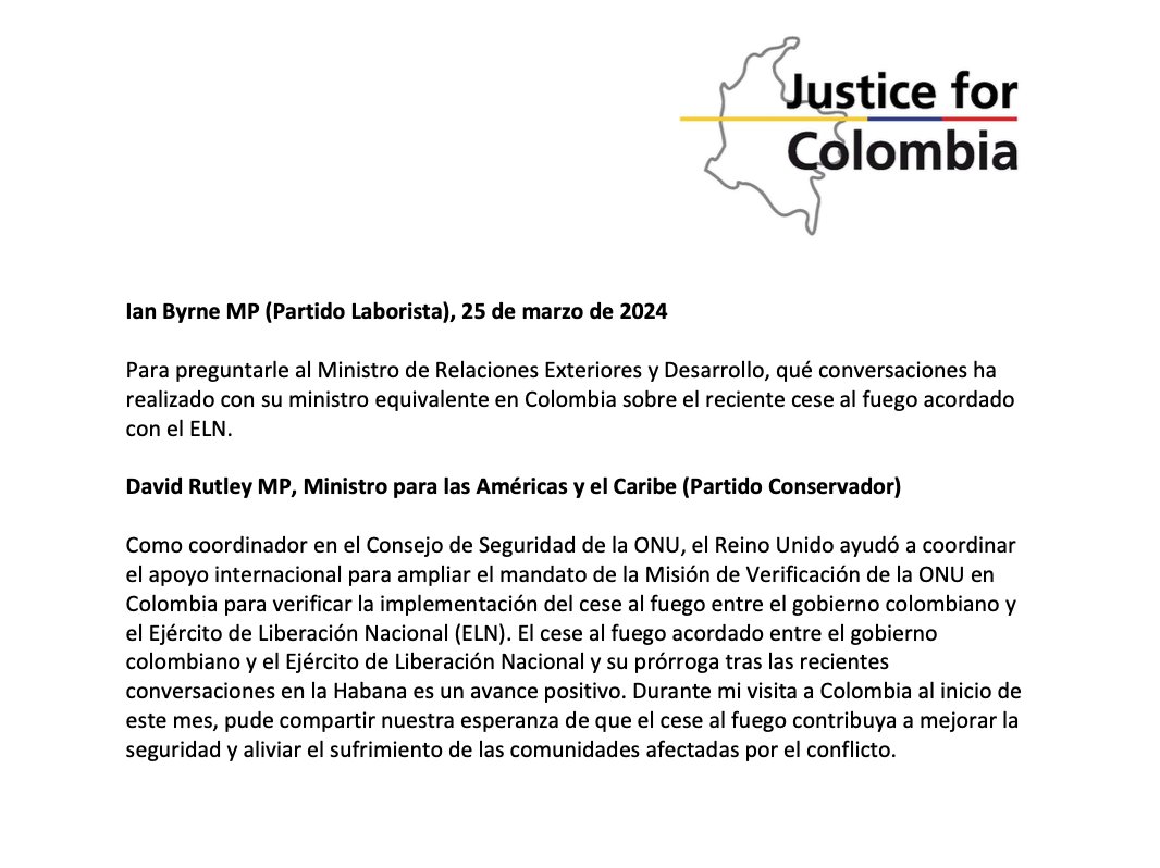 En el parlamento británico, el diputado @IanByrneMP preguntó al gobierno sobre su posición frente del cese al fuego acordado en Colombia con el ELN. Los diálogos de paz con el ELN forman un elemento clave de la política de Paz Total del gobierno de @petrogustavo.