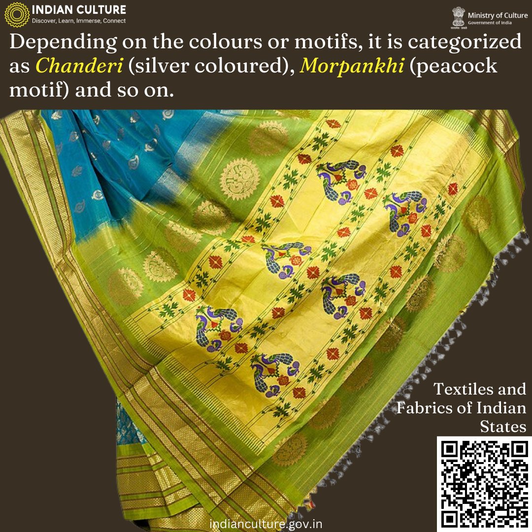 Named after the town of Paithan in Aurangabad, Maharashtra, Paithani is a silk textile. Discover the textiles of different states of India on the Indian Culture Portal. #paithani #maharashtra #textile #aurangzebi #chanderi #morpankhi #indiantextiles #saree #ethnicwear #fashion