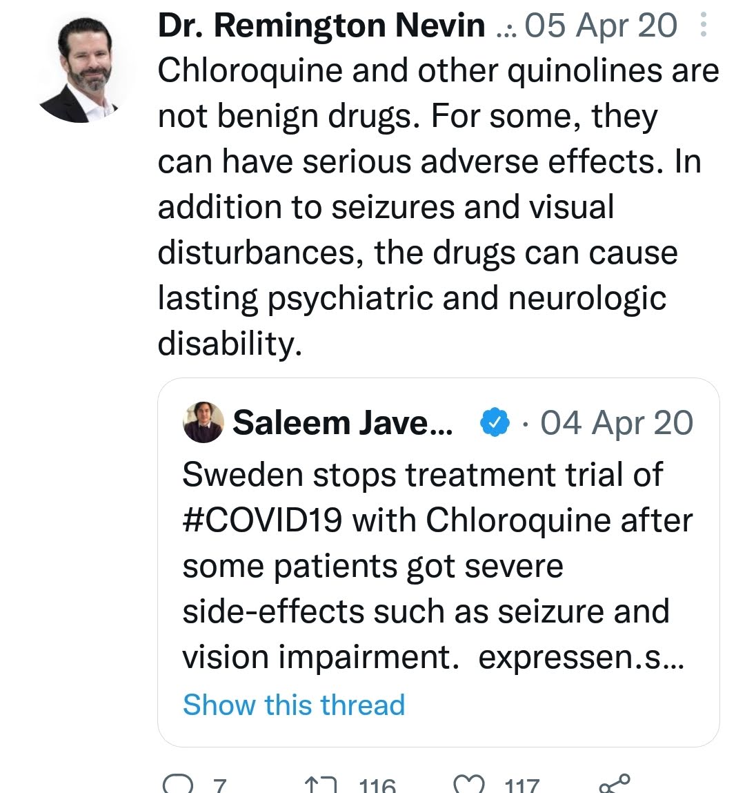 #ICYMI Sad watching Canadian Conservative politicians recklessly push Mefloquine's sister drug Chloroquine, when members of the caucus were already taught about the perils with Quinoline-based antimalarial drugs. Those who knew better did not instruct the ignorant to silence.