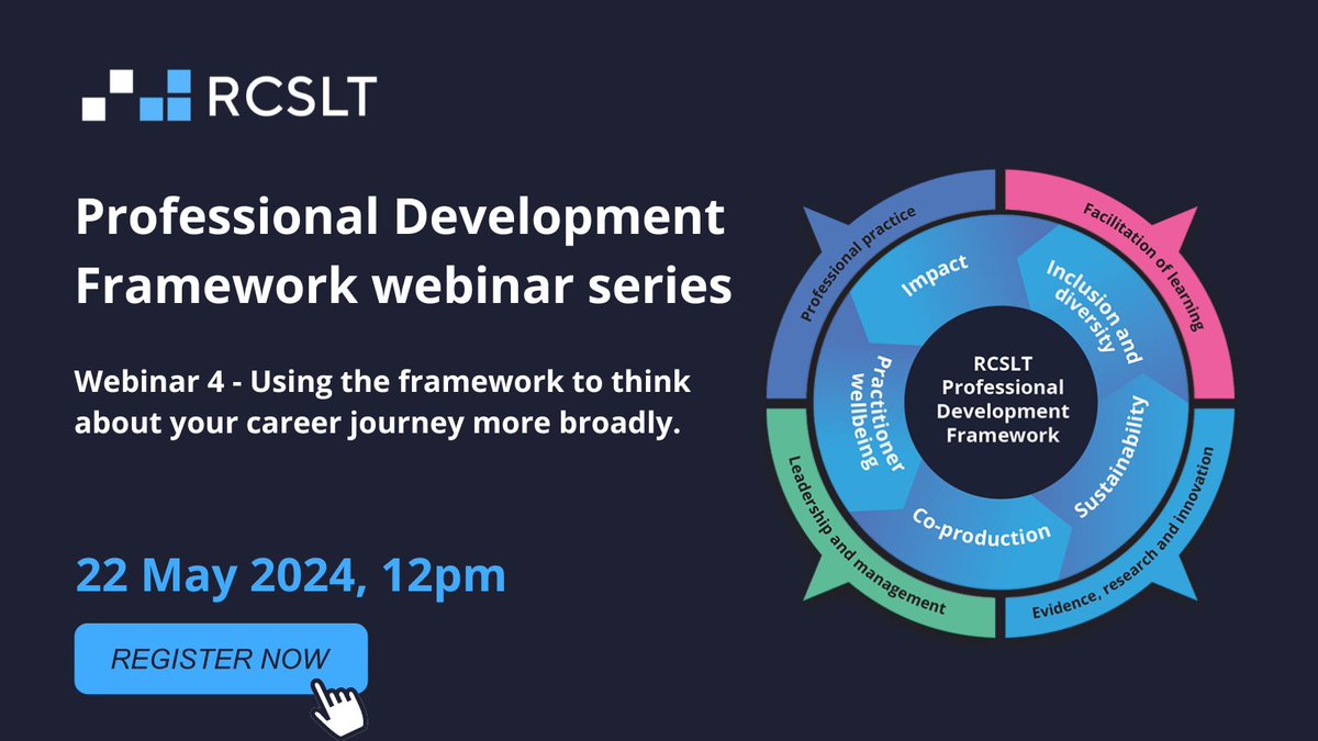 RCSLT's tweet photo. Exciting news! Our final webinar on the #RCSLTProfDev framework is happening on 22 May. Register now to gain insight on how you can use the framework to think about your career journey more broadly https://t.co/ZgkOoAwRFh

#SLPeeps #NMAHPs #cpd4slts #healthcareer https://t.co/tnhjOTBIjp