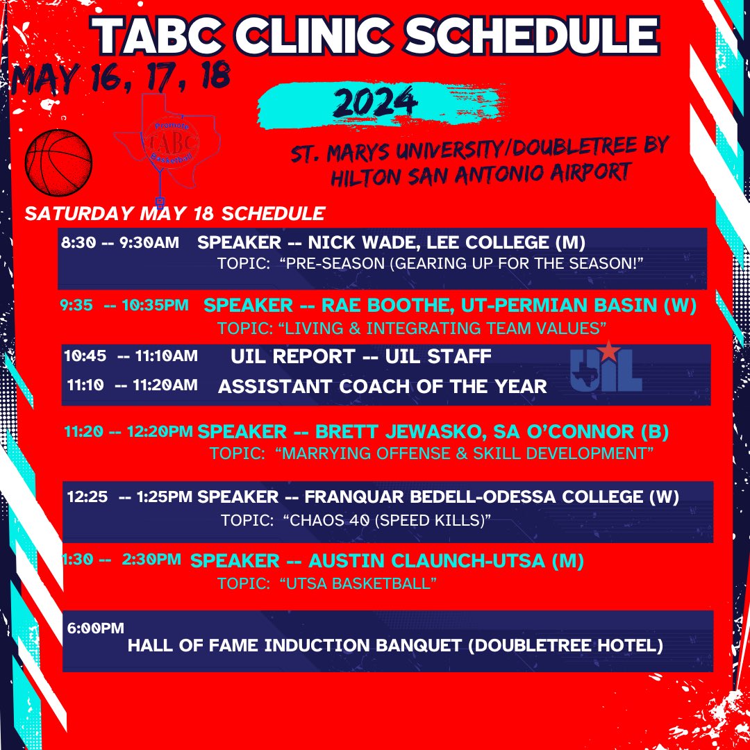Coaches are you excited??? Next week its on as the Annual TABC Clinic kicks off!!! GREAT lineup of coaches speaking!! You don’t want to miss!!!! @CoachJBurton @CoachVic_UT @CoachGerlich @WillWade_MSU @ChatmanJeffery @uiltexas @THSCAcoaches @NHSBCA @mattwester55