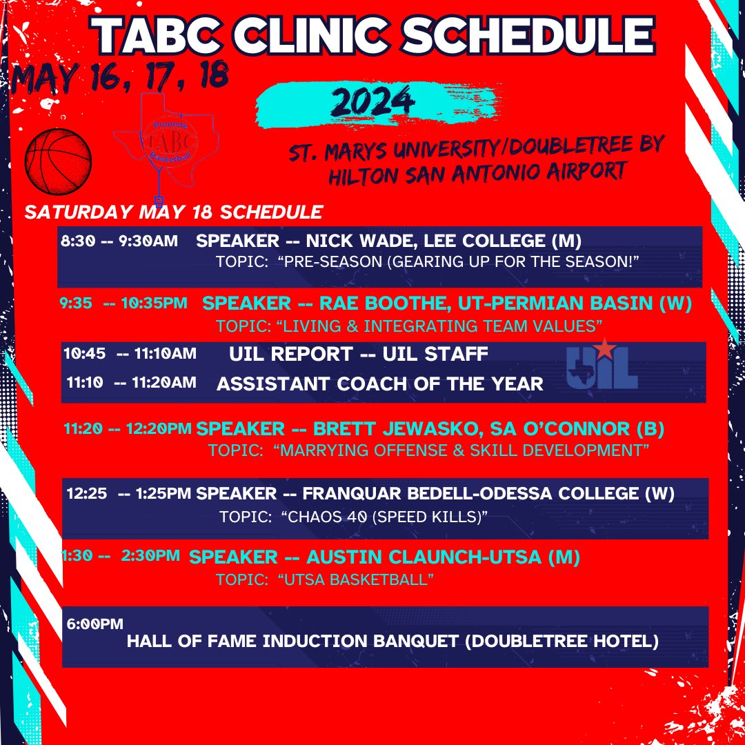 𝙏𝘼𝘽𝘾🏀📋 (@tabchoops) on Twitter photo Coaches are you excited??? Next week its on as the Annual TABC Clinic kicks off!!! GREAT lineup of coaches speaking!! You don’t want to miss!!!!
<a href="/CoachJBurton/">Jason Burton</a> <a href="/CoachVic_UT/">Vic Schaefer</a> <a href="/CoachGerlich/">Krista Gerlich</a> <a href="/WillWade_MSU/">Coach Wade</a>
<a href="/ChatmanJeffery/">Jeffery Chatman</a> <a href="/uiltexas/">Texas UIL</a> <a href="/THSCAcoaches/">THSCA</a> <a href="/NHSBCA/">NHSBCA</a>
<a href="/mattwester55/">Coach Wester</a> Coaches are you excited??? Next week its on as the Annual TABC Clinic kicks off!!! GREAT lineup of coaches speaking!! You don’t want to miss!!!!
<a href="/CoachJBurton/">Jason Burton</a> <a href="/CoachVic_UT/">Vic Schaefer</a> <a href="/CoachGerlich/">Krista Gerlich</a> <a href="/WillWade_MSU/">Coach Wade</a>
<a href="/ChatmanJeffery/">Jeffery Chatman</a> <a href="/uiltexas/">Texas UIL</a> <a href="/THSCAcoaches/">THSCA</a> <a href="/NHSBCA/">NHSBCA</a>
<a href="/mattwester55/">Coach Wester</a>