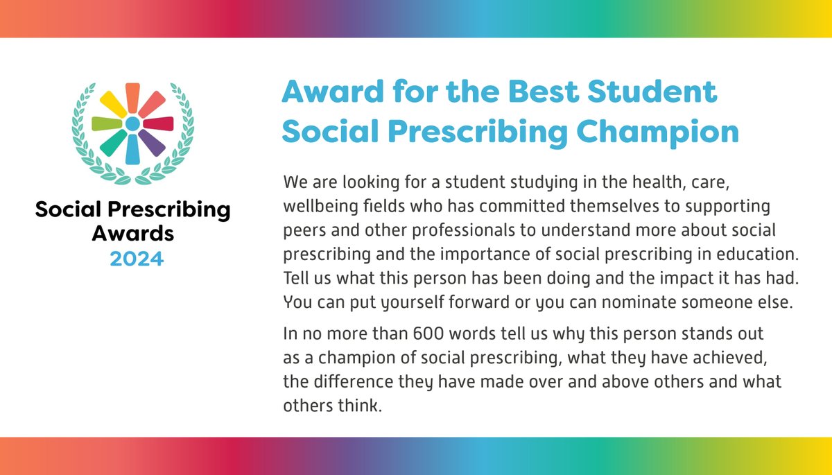 Last chance! Nominate someone now for the Award for Best Student Social Prescribing Champion! Entries close tomorrow 10 May at noon. Nominate here: ow.ly/O6fC50RcUik @NASPTweets @CollegeofMed @SocialPrescrib2