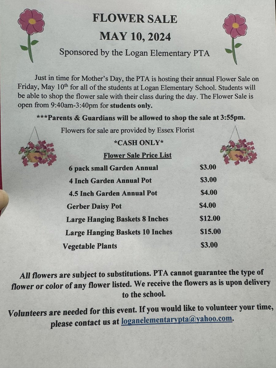 Our annual Mother's Day Flower Sale is tomorrow! Don't forget to send money in so your child can shop for flowers to give to those special people in their lives. 
🌸🌺 🌷