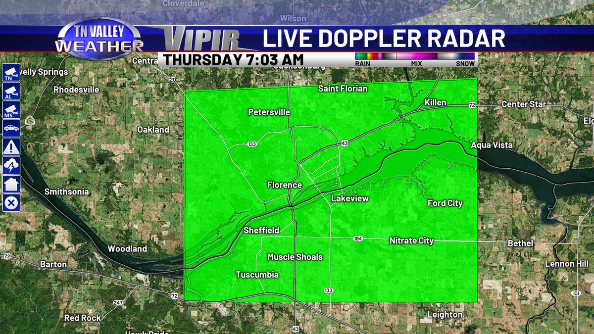FLASH FLOOD WARNING until 10:00AM for the immediate Shoals metro portion of Lauderdale and Colbert Co's in AL. Up to 1-3 inches of rain have already fallen, with additional rain ongoing. Flash flood threat is increasing! #tnvalleyweather #tnwx #alwx #mswx #weather