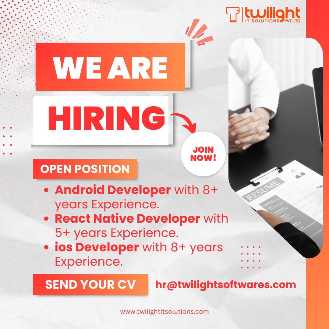 Seeking Talented Android, IOS & React Native Developer! Exciting Opportunity at Twilight IT Solutions!

  #AndroidDeveloper #IOSDeveloper #TwilightITSolutions #TechJobs #SoftwareDevelopment #Android #ios #reactnative #Communication