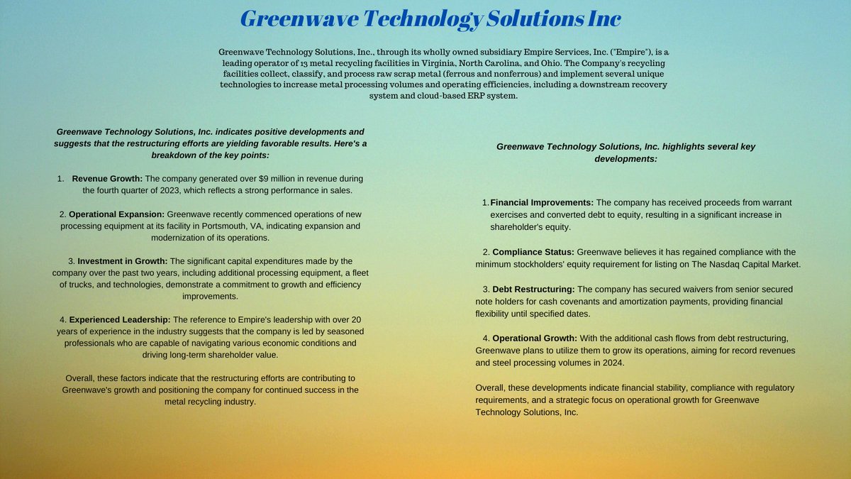 $GWAV is gaining momentum ! The company has announced revenues exceeding $9 million for Q4 2023, indicating robust growth. Recent expansions and strategic investments position them for further success in 2024. Guided by seasoned industry leaders, Greenwave aims to generate…
