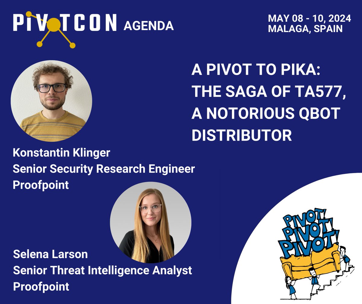 🎙️ On #PIVOTcon24 stage we have now @selenalarson & @kk_onstantin telling the saga of #TA577 - distributor of  #Qbot and #Pikabot. Interesting tips for tracking being shared 💪

#PIVOTcon24 #CTI #ThreatIntel