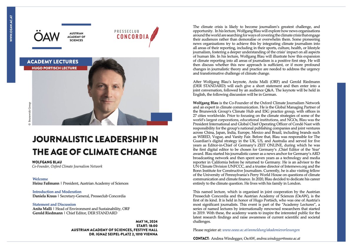 Next week, Tuesday evening May 14th, I have the pleasure of giving a lecture in Vienna on 'journalistic leadership in the age of climate change'. The event is public, but we recommend that you rsvp here: oeaw.ac.at/anmeldung/akad…