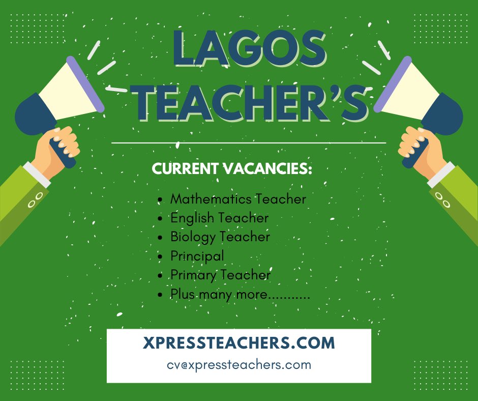ARE YOU A TEACHER IN LAGOS? DO YOU TEACH:
• ART
• ICT
• HOME ECONOMICS 
• FINANCIAL ACCOUNTING
• BASIC TECH 
• FURTHER MATHEMATICS 
• PRIMARY SCHOOL 
VISIT XPRESSTEACHERS.COM NOW TO APPLY
#jobs #teachers #schools #hiring #jobsinlagos #lagos #nigeria #xpressteachers