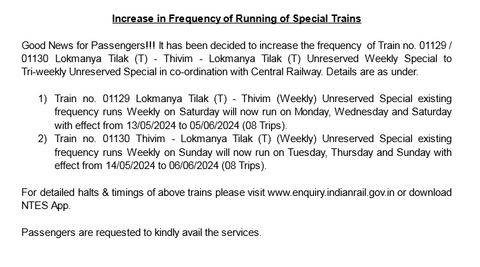 Increase in Frequency of Running of Special Trains. @RailMinIndia @Central_Railway