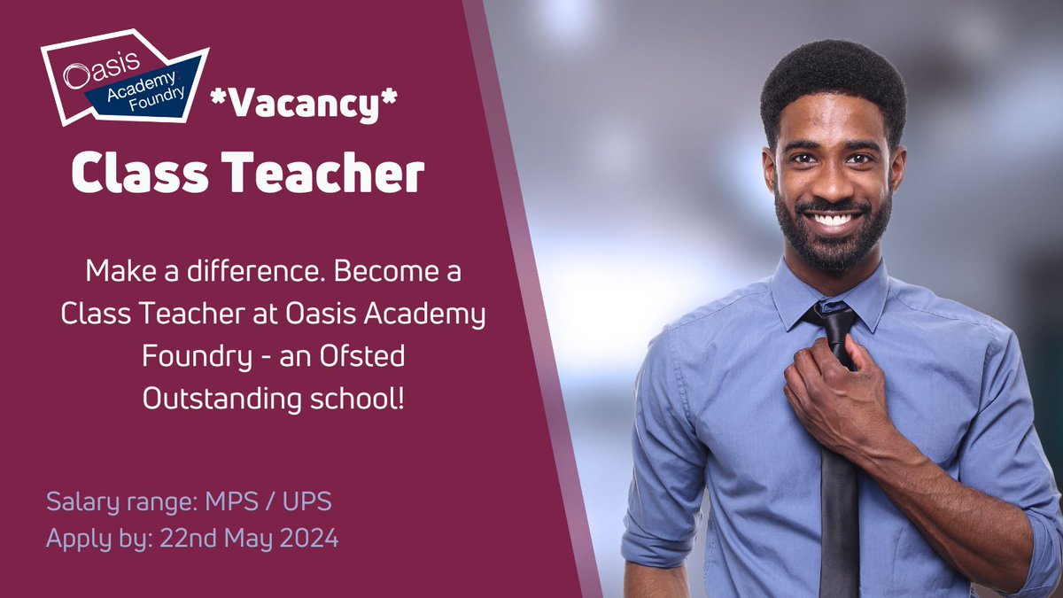 🌟 Join our team at Oasis Academy Foundry! 🌟 Rated Outstanding by Ofsted, we offer competitive salary/benefits and a supportive environment. Apply now! #TeacherVacancy #EducationExcellence 🍎📚 bit.ly/44GP5RW @OasisAcademies @HerminderChanna @SteveChalke @Kru_Cam