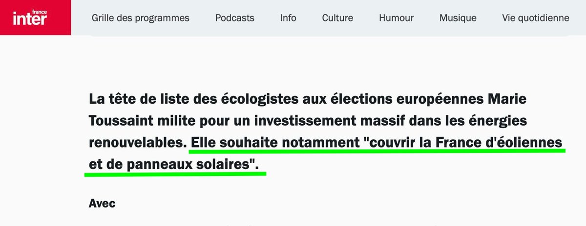 Allo @FranceInter, je n’ai jamais dit ça, ce sont les mots d'@Alex_Bensaid. Les énergies renouvelables valent mieux que les caricatures. Il existe des scénarios crédibles pour arriver à 100% ER en 2040 et pas besoin de couvrir la France d’éoliennes et de panneaux solaires. 1/2