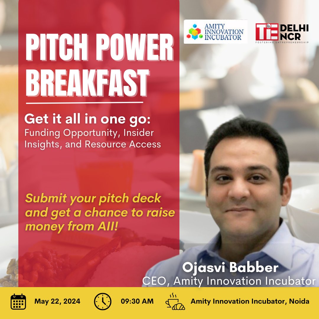 Join our exclusive event: 'Pitch Power Breakfast: Get Funded with Amity Innovation Incubator' on May 22, 2024, at 09:30 AM. Register now: events.tie.org/amity-innovati…