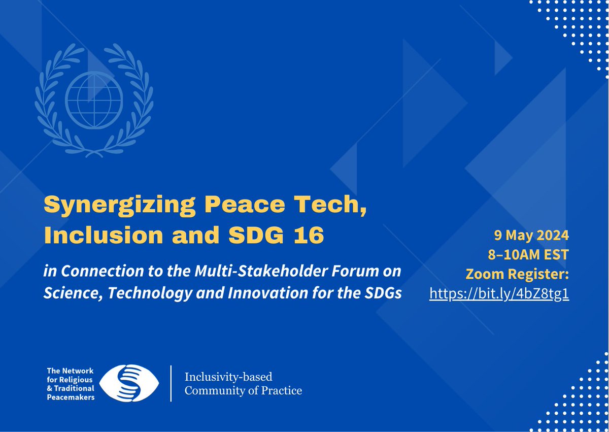 🔴Happening Now!

Our Inclusivity Community of Practice Meeting is spotlighting innovative peace tech initiatives that are helping to advance inclusion across global societies 🤳

Join us: tinyurl.com/4yupsezu #tech4sdgs