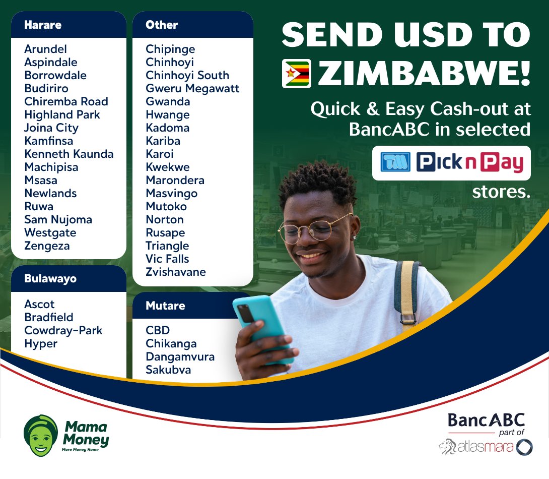 Hey Zimbabwe!🇿🇼 Did you know? Your loved ones can effortlessly collect cash at @BancabcZW kiosks while doing their shopping at selected TM Pick n Pay outlets nationwide. Experience the convenience now: bit.ly/Mama-Money