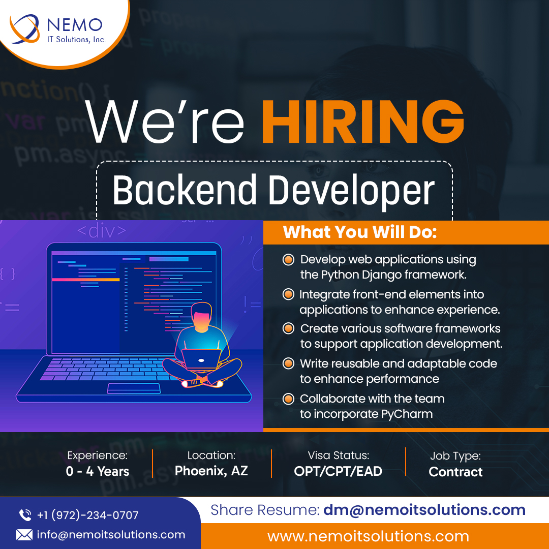 Position Available - Backend Developer
Experience: 0 - 4 Years & Location - Phoenix, AZ
Resume: dm@nemoitsolutions.com
.
.
.
.
#backenddeveloper #frontenddeveloper #fullstackdeveloper  #javadeveloper #javafullstack #phpdeveloper #dotnet #dotnetdeveloper #optjobs #HardikPandya