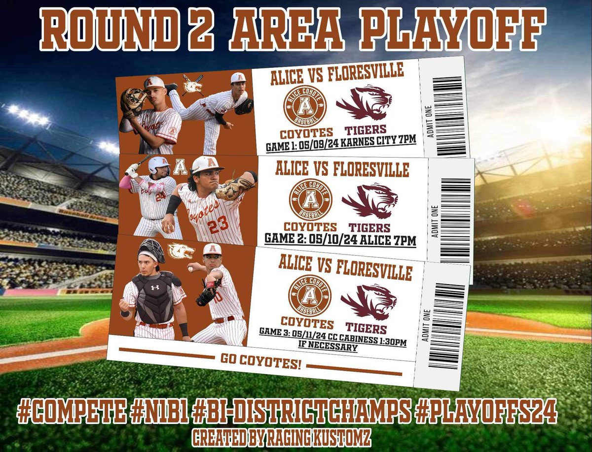 Alice Coyote Baseball (@baseball_alice) on Twitter photo It’s go time!!! Coyotes open up Area Playoff Series on the road as they travel to Karnes City to battle the Floresville Tigers. See you at the field!!! <a href="/AliceAthletics1/">@AliceAthletics</a> @TGonzie <a href="/AliceISD/">Alice ISD</a> <a href="/joe_richard10/">Coach Castellano</a> <a href="/ChrisThomasson7/">Chris Thomasson - KIII Sports</a> <a href="/4ATxHsBaseball/">4ATxHsBaseball</a> <a href="/KRIS6sports/">KRIS 6 Sports</a> <a href="/EchoNewsJournal/">Alice Echo-News</a> It’s go time!!! Coyotes open up Area Playoff Series on the road as they travel to Karnes City to battle the Floresville Tigers. See you at the field!!! <a href="/AliceAthletics1/">@AliceAthletics</a> @TGonzie <a href="/AliceISD/">Alice ISD</a> <a href="/joe_richard10/">Coach Castellano</a> <a href="/ChrisThomasson7/">Chris Thomasson - KIII Sports</a> <a href="/4ATxHsBaseball/">4ATxHsBaseball</a> <a href="/KRIS6sports/">KRIS 6 Sports</a> <a href="/EchoNewsJournal/">Alice Echo-News</a>