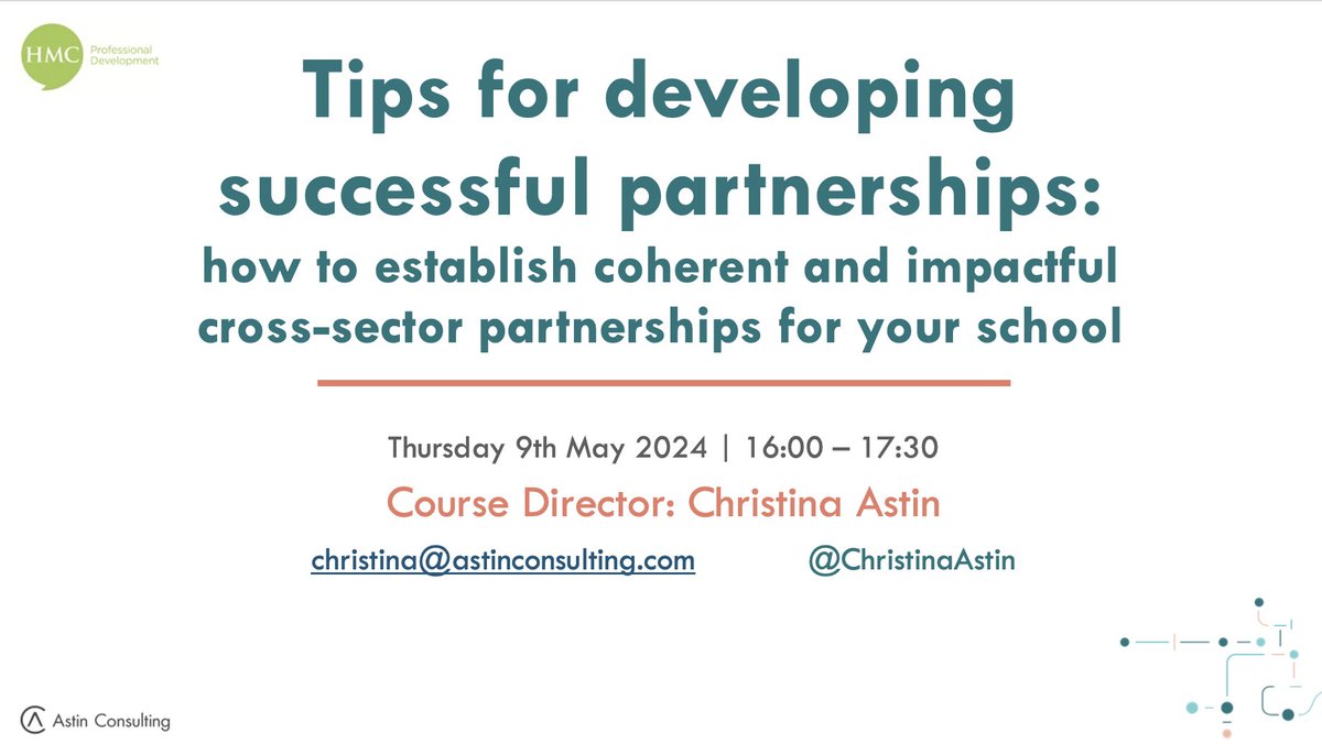 ⏰ Colleagues leading #partnerships: booking remains open for a webinar this afternoon I'm leading for @HMC_Org (non-members welcome). But be quick: it starts at 4! hmcpd.arlo.co/w/courses/898-… @schoolstogether @HMCPD