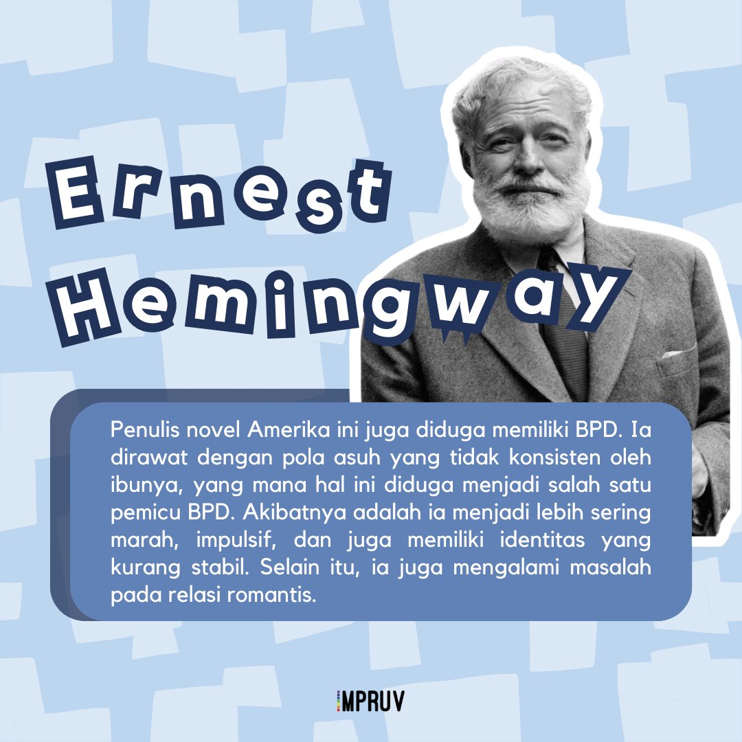 3. Ernest Hemingway, seorang penulis novel terkenal di Amerika, ia memiliki pola asuh yang buruk dari ibunya, yang akhirnya membuatnya menjadi marah dan impulsif.

#ernesthemingway #kontenpsikologi #faktapsikologi