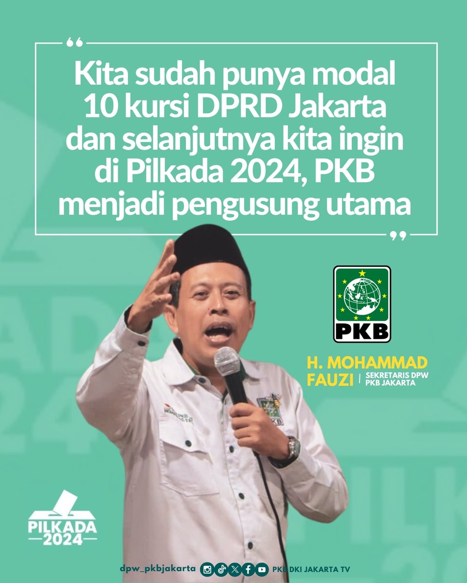 Naiknya perolehan kursi PKB di DPRD Jakarta yg mencapai 100% pda pileg 2024 tdk lepas dari kinerja seluruh kader Dgn modal 10 kursi, kita ingin PKB bisa menjadi pengusung utama di Pilkada 2024 @fauziepkb_dki @DPP_PKB @cakimiNOW @hasbipkb #Pilkada2024 #pkbmasadepanjakarta