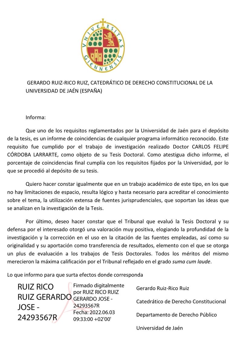 Aquí tienen el comunicado de la universidad de Jaen España de que la tesis del excontralor Pipe Córdoba @pipecordoba @Geneve3016 para q ya dejen de estar inventando cuentos