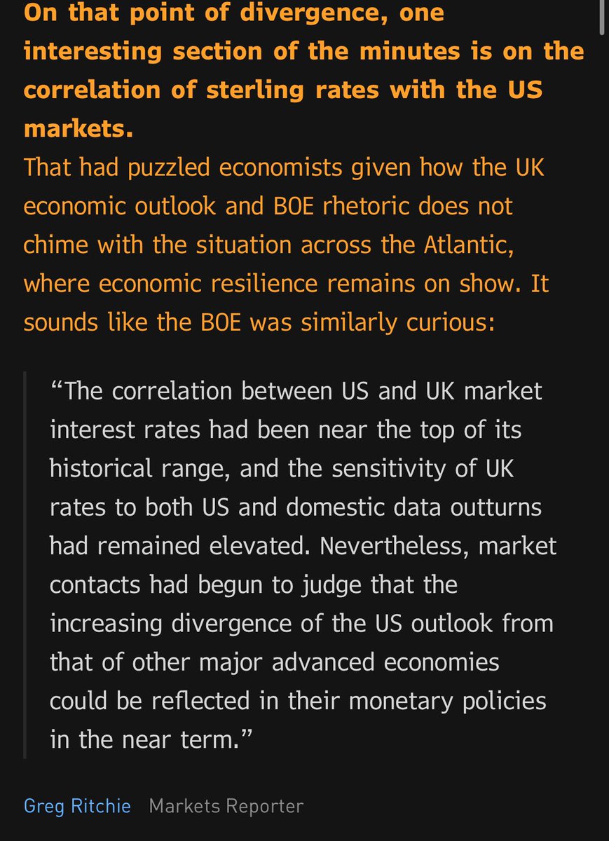 This, from Bloomberg, in connection with the debate on divergence in central bank interest rate policies. The issue is not about whether, to use @ECB President @Lagarde’s framing, central banks are “not Fed dependent.” They can and should cut first. The issue is down the road –…