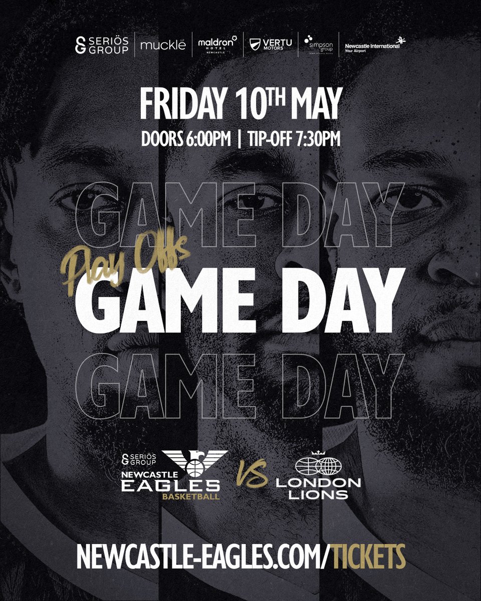 𝗣𝗟𝗔𝗬𝗢𝗙𝗙𝗦 𝗦𝗘𝗠𝗜-𝗙𝗜𝗡𝗔𝗟𝗦 𝗚𝗔𝗠𝗘 𝟭! 🆚 @LondonLions ⏱ 7:30pm 🏟 @VertuArena 🎟 Buy tickets newcastle-eagles.com/tickets 📺 Watch LIVE🔴 on Sky Sports Mix and YouTube 📈 Follow LiveStats …livestats.dcd.shared.geniussports.com/u/BBL/2443427 #WeAreEagles #BritishBasketballLeague