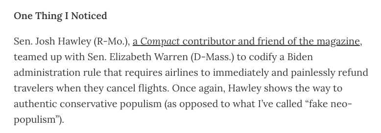 One Thing I Noticed: Kudos to @HawleyMO, once again, for showing the way to true populism with his latest move on airline refunds. From my COMPACT S*b*t*ck. substackfwd.xyz/?url=https://c…
