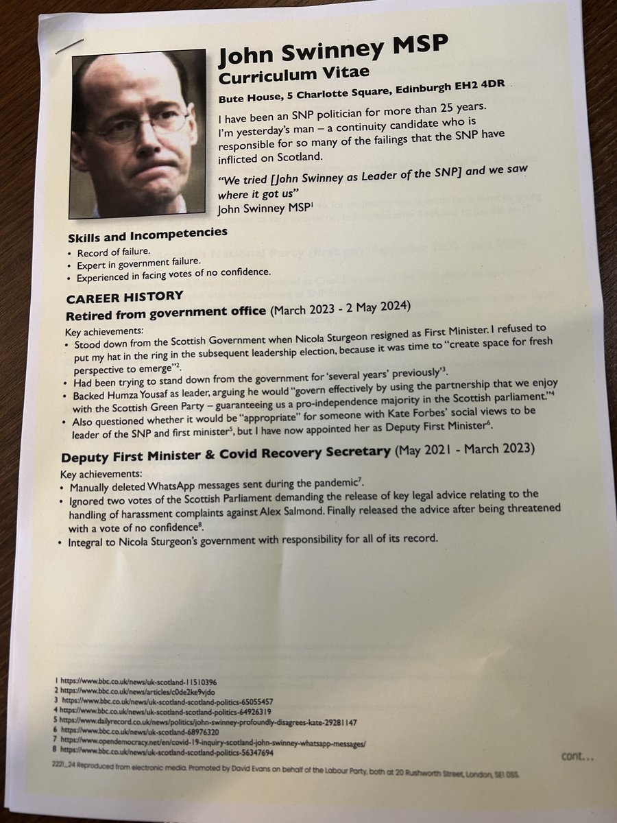 👀 @ScottishLabour already on the attack against new first minister John Swinney Shadow Scottish Secretary @IanMurrayMP has been touring parliament's press gallery to hand out Swinney's “CV” to journalists