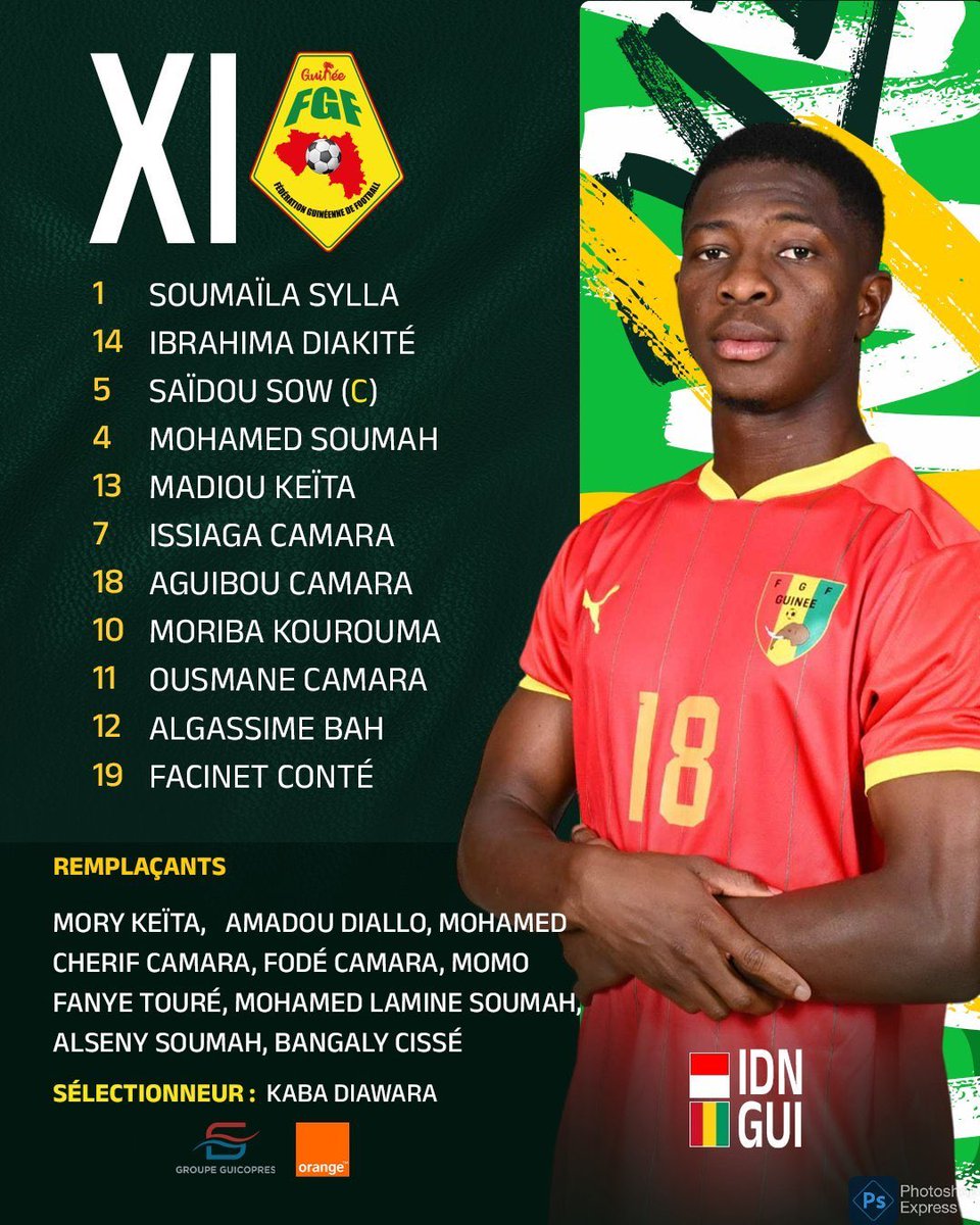 GUINEA FULL SQUAD YA ALLAH 
😭😭😭😭😭😭😭😭😭😭😭😭

1. Soumaila Sylla (20/GK/Reims 🇨🇵)
14. Ibrahim Diakite (20/RB/Stade Ls Ouchy 🇨🇭)
5. Saidou Sow (21/CB/Strasbourg 🇨🇵)
4. Mohamed Soumah (21/CB/Gent 🇧🇪)
13. Madiou Keita (19/LB/Auxerre 🇨🇵)
7. Issiaga Camara (19/CM/Nice 🇨🇵)
18.