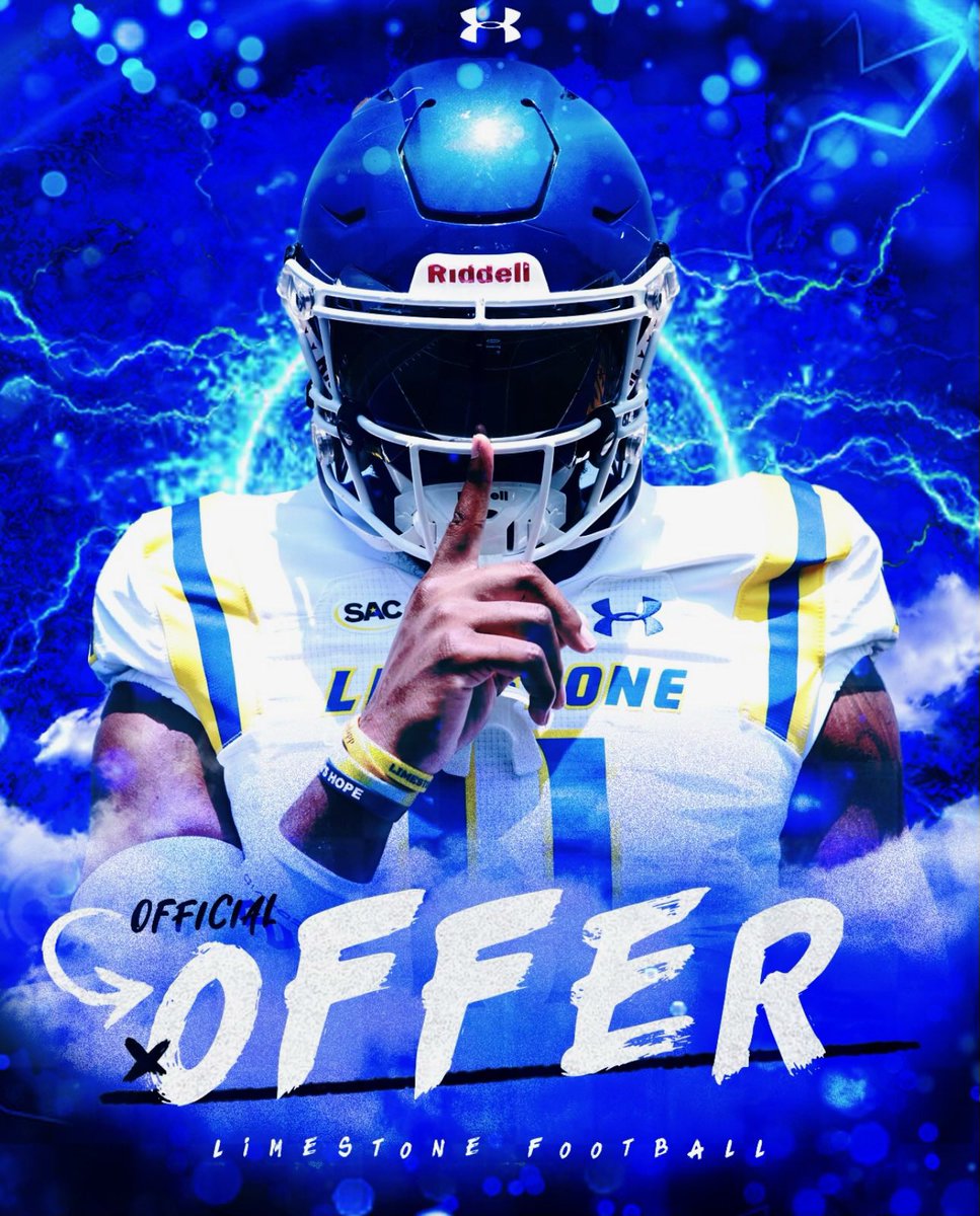 #AGTG After a GREAT conversation with @CoachZBrunson I’m blessed to receive an ⭕️ffer fr @LimestoneFB LET’S GO!!!!!! 🔥🔥🔥🔥🔥 @YoureNextTrain1 @train0187 @cotcheryfoundat @RivalsFriedman @RivalsWoody @PrepRedzoneSC @XenithFootball @IAMATHLETEpod @CLARKLUDC @DeanBraxton8