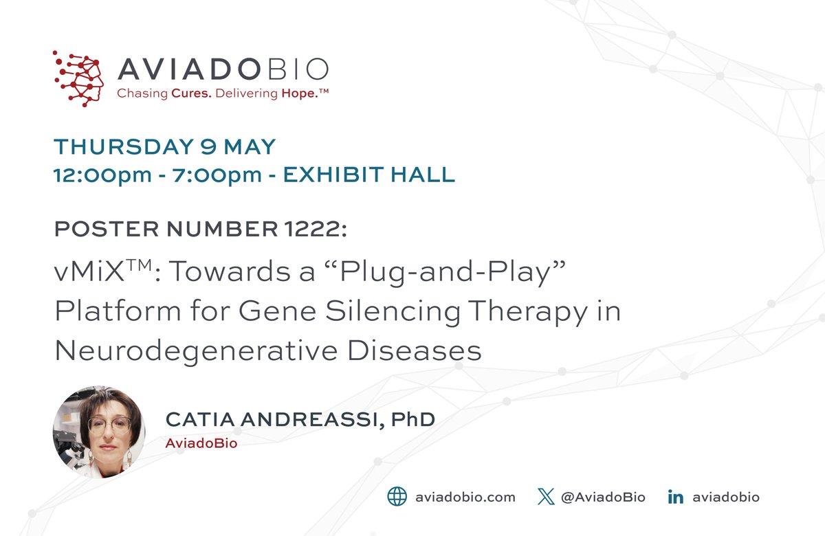 AviadoBio's tweet photo. We will be presenting two posters at #ASGCT2024. Stop by on May 9 and May 10 to learn more
about our vMIX platform for #ALS and other neurodegenerative disorders.

Learn more: https://t.co/qJqKEwfyVh
#GeneTherapy #AviadoBio https://t.co/F1e94Jsr7o
