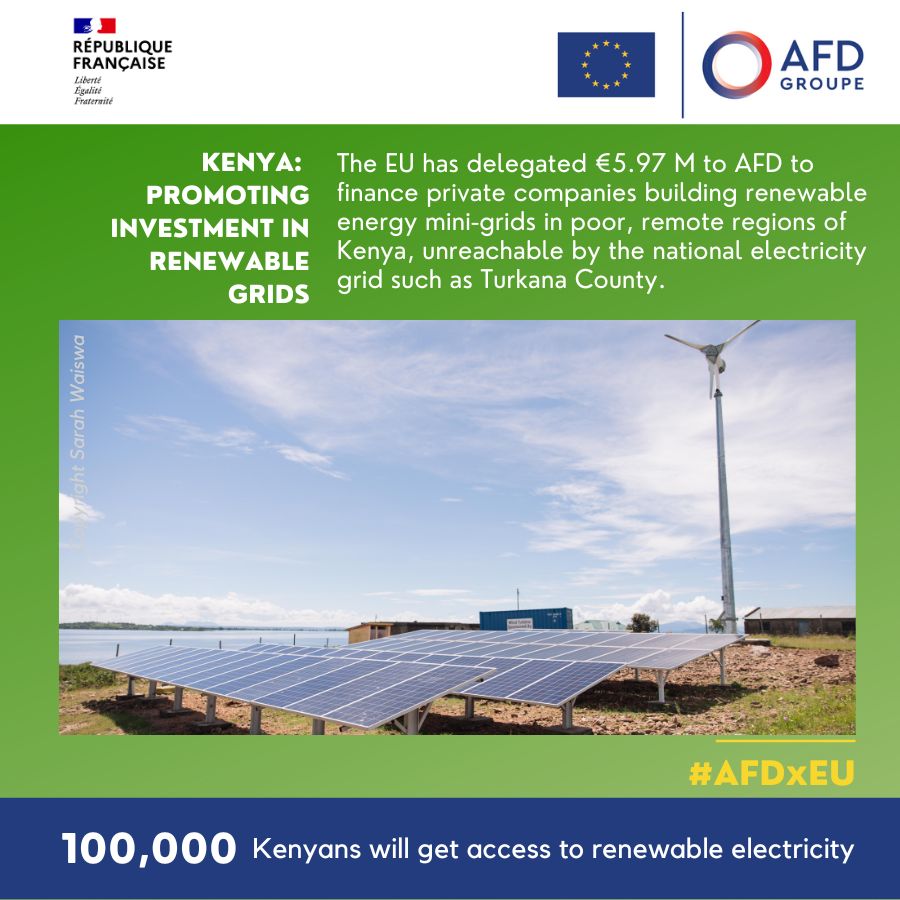 Vast areas of #Kenya 🇰🇪are too remote to be connected to the national grid. On this #EuropeDay2024 discover how @AFD_en 🇫🇷 & @EUinKenya 🇪🇺are spurring private sector investment into #RenewableEnergy solar mini-grids to provide #electricity to households in remote regions. #AFDxEU