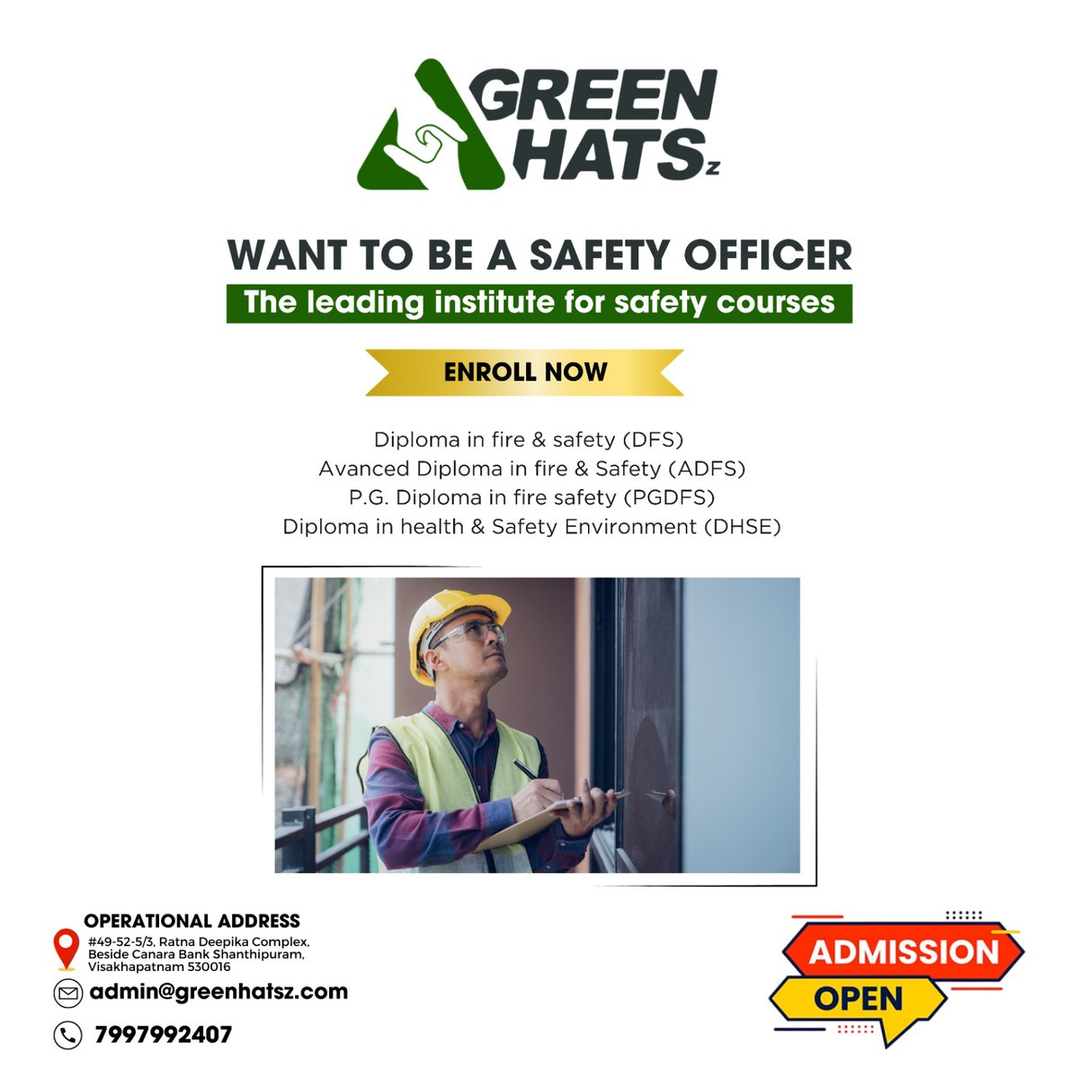 Welcome to Greenhatsz! 🎓
🛠️ Get Certified in Industrial Safety with our comprehensive one-year certificate course. Equip yourself with the knowledge and skills to ensure workplace safety and compliance.
#Greenhatsz #FireSafetyDiploma #SafetyTraining #FirePrevention #Emergency