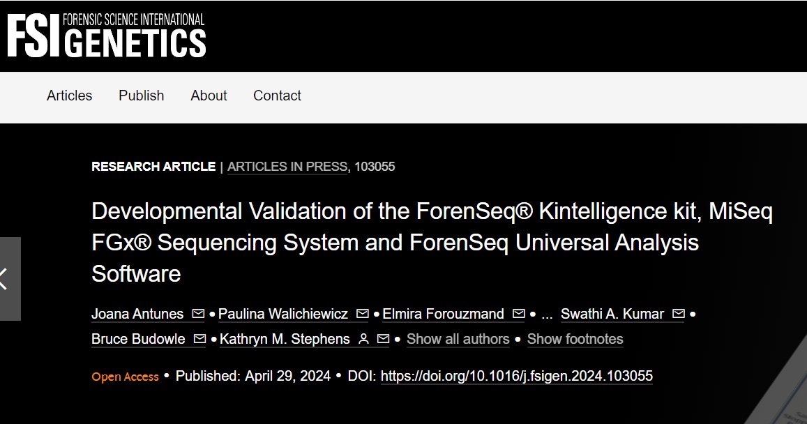 A big new paper in Forensic Science International Genetics: 'Developmental Validation of the ForenSeq® Kintelligence kit, MiSeq FGx® Sequencing System and ForenSeq Universal Analysis Software'. doi.org/10.1016/j.fsig… #Forensics #GeneticGenealogy