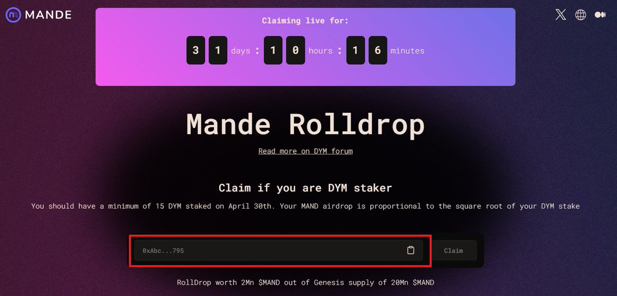 Simony |🌾arc (@0xsimony) on Twitter photo Nouvel airdrop pour les $DYM stakers 🪂
Si vous aviez staké au moins 15 $DYM au 30 avril, vous êtes éligible à l'airdrop de $MAND
Vous pouvez réclamer vos tokens ici : rolldrop.mande.network
+28 $MAND de mon côté Nouvel airdrop pour les $DYM stakers 🪂
Si vous aviez staké au moins 15 $DYM au 30 avril, vous êtes éligible à l'airdrop de $MAND
Vous pouvez réclamer vos tokens ici : rolldrop.mande.network
+28 $MAND de mon côté