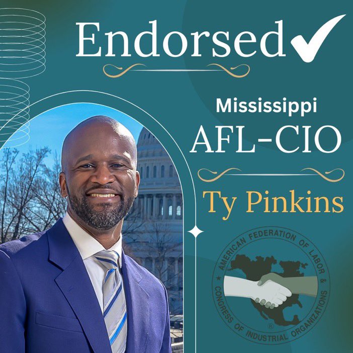 #USDemocracy #DemVoice1 #UnionStrong Ty Pinkins @TyPinkins is the right choice for US Senate from Mississippi. That's why he's endorsed by the Mississippi AFL-CIO. Strong unions bring strong economies. He says, 'Our country is at a crossroads. We have a chance to shape our…