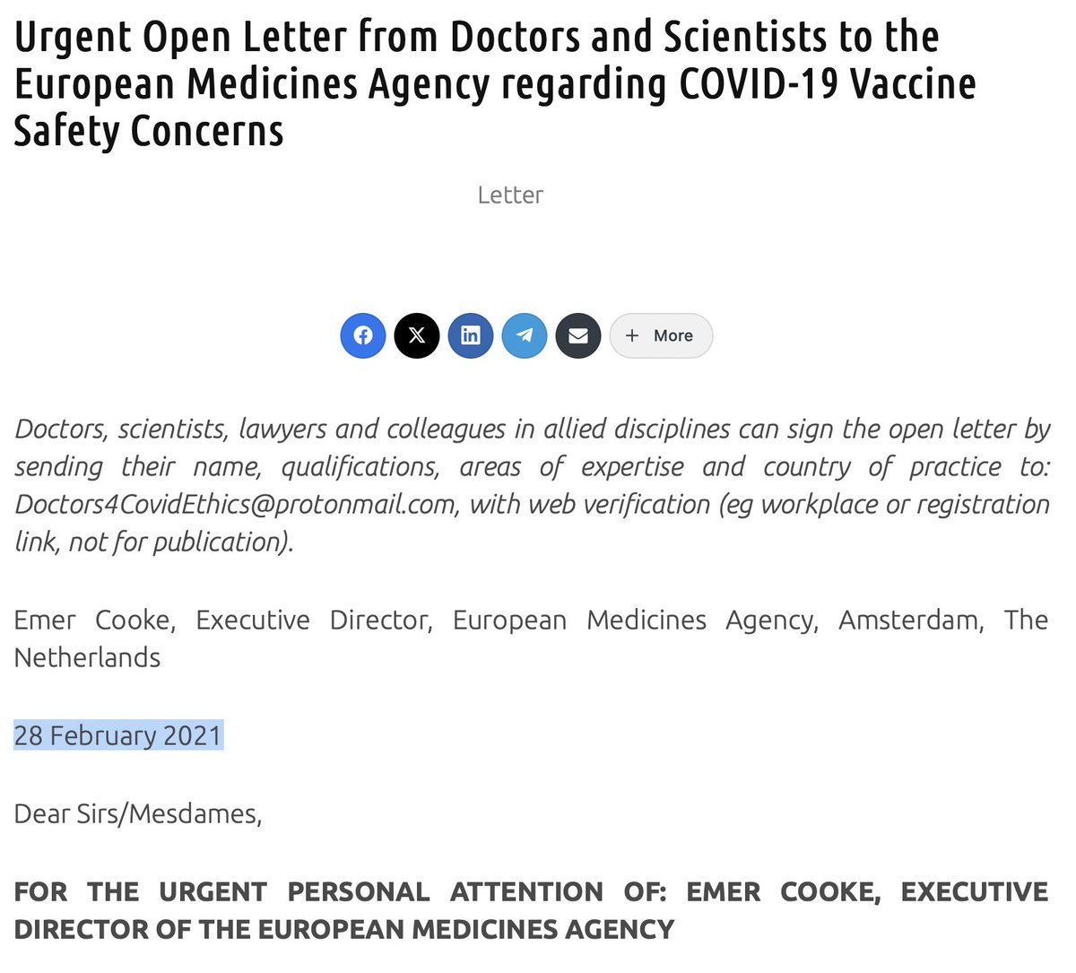 Do not fall for this new, scripted re-writing of history regarding C19 jabs In Feb 2021, several drs & scientists wrote to EMA warning about the risks of blood clots, strokes, autoimmune disease & more in an effort to stop the harm! The EMA did nothing! doctors4covidethics.org/urgent-open-le…