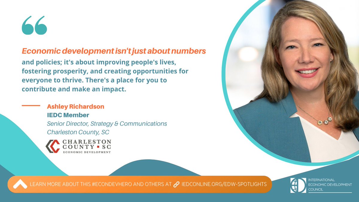 In honor of #EconDevWeek, <a href="/IEDCtweets/">IEDC</a> has recognized Ashley Richardson, Senior Director of Strategy and Communications for Charleston County Economic Development, as a true champion for economic growth - #EconDevHero. 

bit.ly/3UAj7Sr

#cced #economicdevelopment